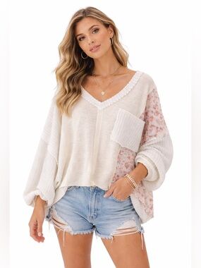 POL Floral Patchwork Waffle Knit Top Boho FP Style Slouchy Cottagecore Medium